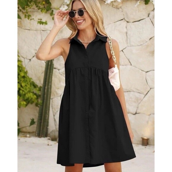 NWT Collared Shirt Dress Sz S Casual Loose Button Down Mini V Neck Tunic Pockets - Picture 1 of 16